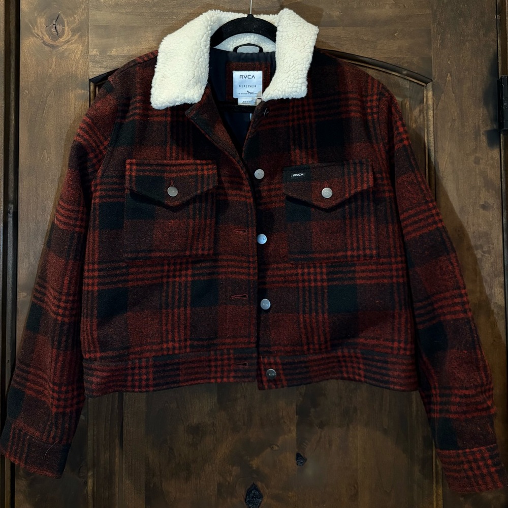 RVCA Women's Black and Red Plaid Jean Jacket with Sherpa Collar